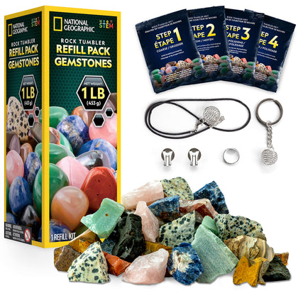 NATIONAL GEOGRAPHIC Rock Tumbler Refill Kit - 1Lb. Gemstones and Rocks for Tumbling including Unpolished Amethyst and Quartz - Rock Tumbler Supplies include Rock Tumbler Grit and Jewelry Accessories