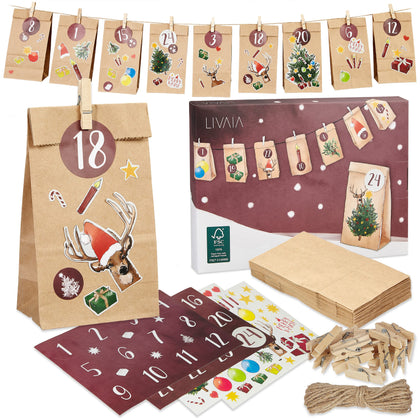 DIY Advent Calendar Kit: Beautiful Craft Advent Calendar 2022 with 24 Paper Bags and Sticker Paper with Designs - Empty Advent Calendar to Fill Yourself - Lovely Christmas Advent Calendar LIVAIA