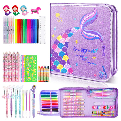 Fruit Scented Markers Set 56 Pcs with Glitter Mermaid Pencil Case & Stationery, Art Supplies for Kids Ages 4-6-8, Art Coloring Kits Box, Gifts Toy for Girls Age 5,7,Gel Pen,Pencil&Crayon Drawing Stuff