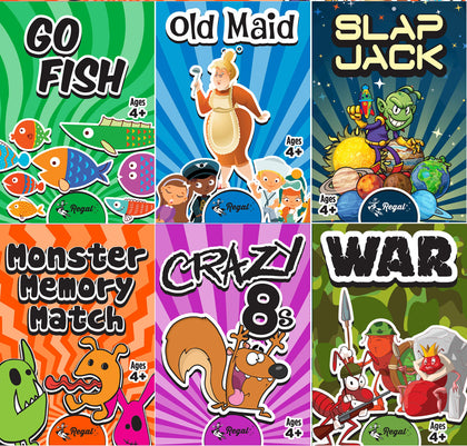 Regal Games - Kids Classic Card Games - Includes Old Maid, Go Fish, Slapjack, Crazy 8's, War, and Silly Monster Memory- for Family Game Nights, Parties - Set of 6 Games