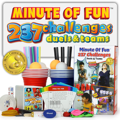 Minute of Fun Party Game - Amazing, 237 Minute to Win It Challenges for Duels, Teams, Parties - Teens, Family, Friends, Party Games, Kids, Adults. for Home, Scout Games, School, Travel. 2-12 Players.