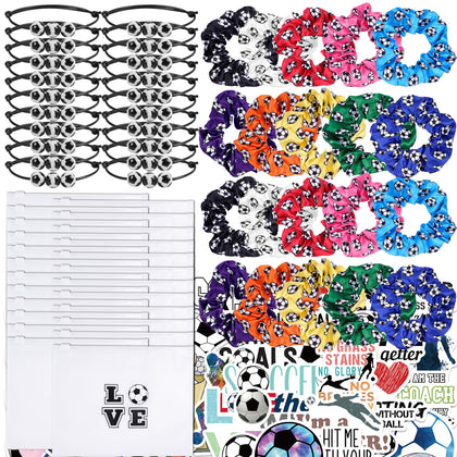 160 Pieces Soccer Team Gifts for Girls 20 Pieces Soccer Scrunchies Hair Ties,20 Pieces Soccer Bracelet,20 pieces Soccer Makeup Bag and 100 Pieces Soccer Stickers (Soccer)