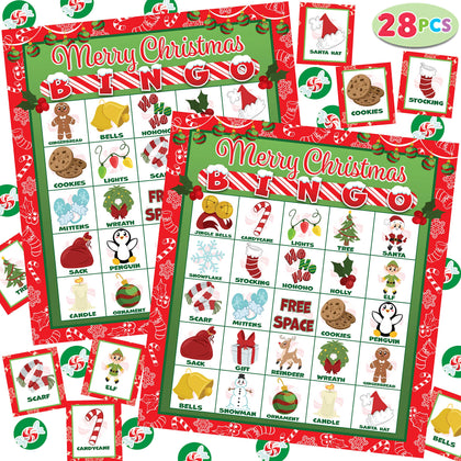 JOYIN 28 Players Christmas Bingo Cards (5x5) for Kids Family Activities, Party Card Games, School Classroom Games, Turkey Party Supplies.