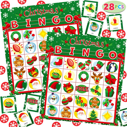 JOYIN 28 Players Christmas Bingo Cards (5x5) for Kids Xmas Party Supplies Goodies Games, Kids School Classroom Goody Gift Filler Stuffers, Indoor Family Activities (Christmas)