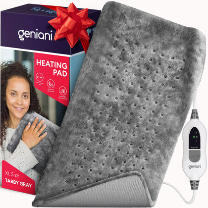 GENIANI XL Heating Pad for Back Pain & Cramps Relief, FSA HSA Eligible, Auto Shut Off, Machine Washable, Moist Heat Pad for Neck and Shoulder, Electric Heat Patch for Knee, Leg, Tabby Gray 12'×24