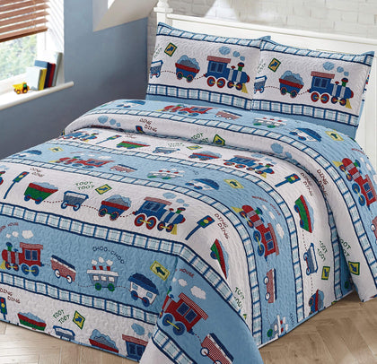 Kids Zone Home Linen Bedspread Coverlet Quilt Set for Boys Multi-Color Train Choo-Choo Rail Roads Tracks Wagon Blue White Red (Twin)