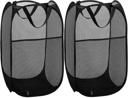 Collapsible Mesh Pop Up Laundry Hamper with Wide Opening and Side Pocket - Breathable, Sturdy, Foldable, and Space-Saving Design for Laundry Clothes and Storage. (Black | 2-Pack)