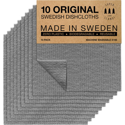 SUPERSCANDI Swedish Dishcloths for Kitchen Grey 10 Pack Reusable Compostable Kitchen Cloth Made in Sweden Cellulose Sponge Swedish Dish Cloths for Washing Dishes Reusable Paper Towels Washable