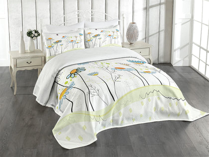 Lunarable Floral Bedspread, Gardening Theme Daisy Flowers in Spring Illustration Romantic Design, Decorative Quilted 3 Piece Coverlet Set with 2 Pillow Shams, King Size, Blue Yellow