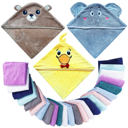 Lovely Care 3 Pack Baby Hooded Bath Towel with 24 Count Washcloth Sets for Newborns Infants & Toddlers, Boys & Girls - Baby Registry Search Essentials Item - Bear, Elephant, Duck