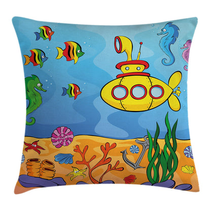 Ambesonne Yellow Submarine Throw Pillow Cushion Cover, Underwater Theme Vehicle Seahorse Starfish and Fish Print, Decorative Square Accent Pillow Case, 16